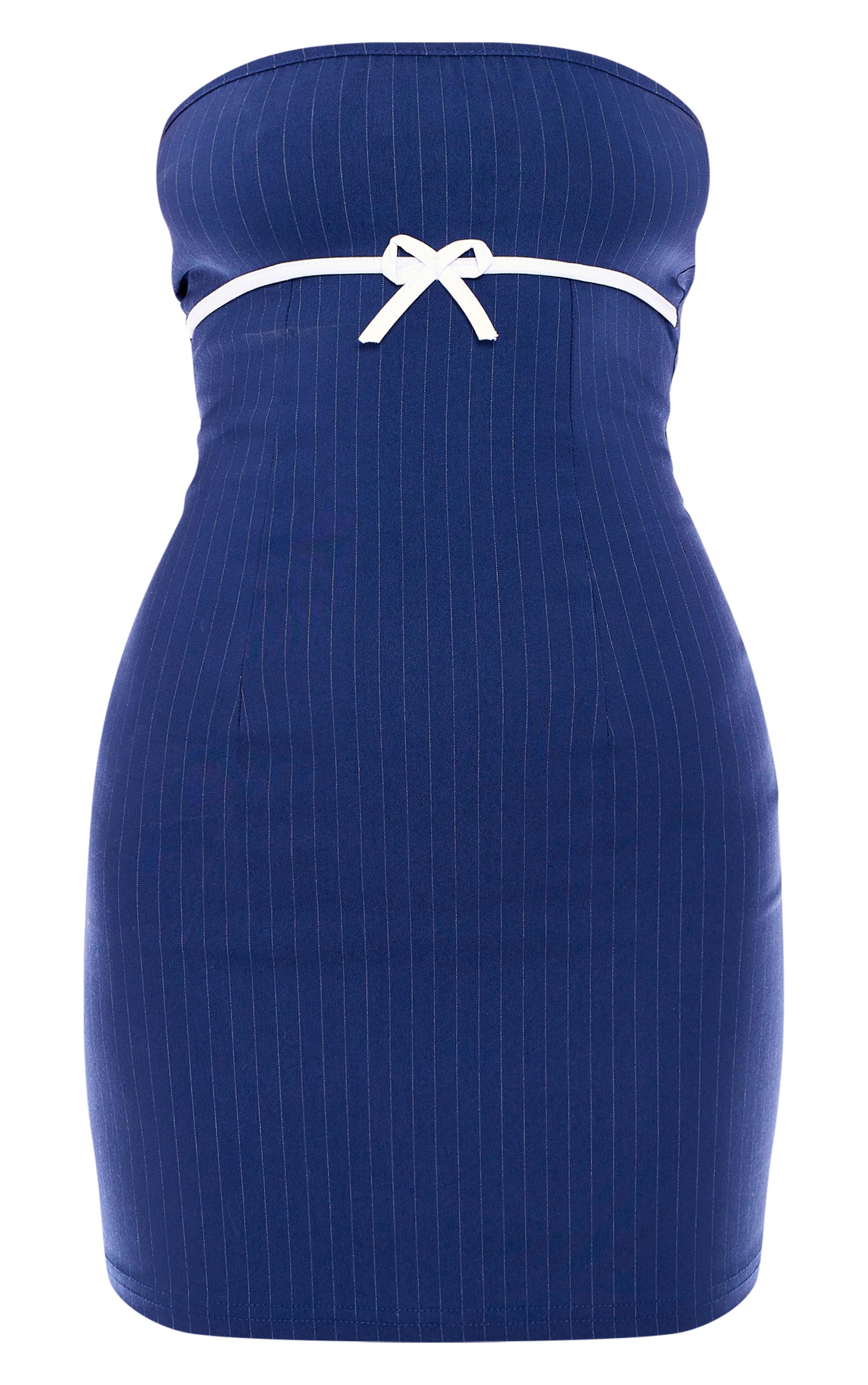 Blue Pinstripe Bow Bandeau Bodycon Dress Product Image