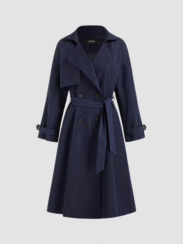 Collar Solid Button Pocket Trench Coat With Belt Product Image