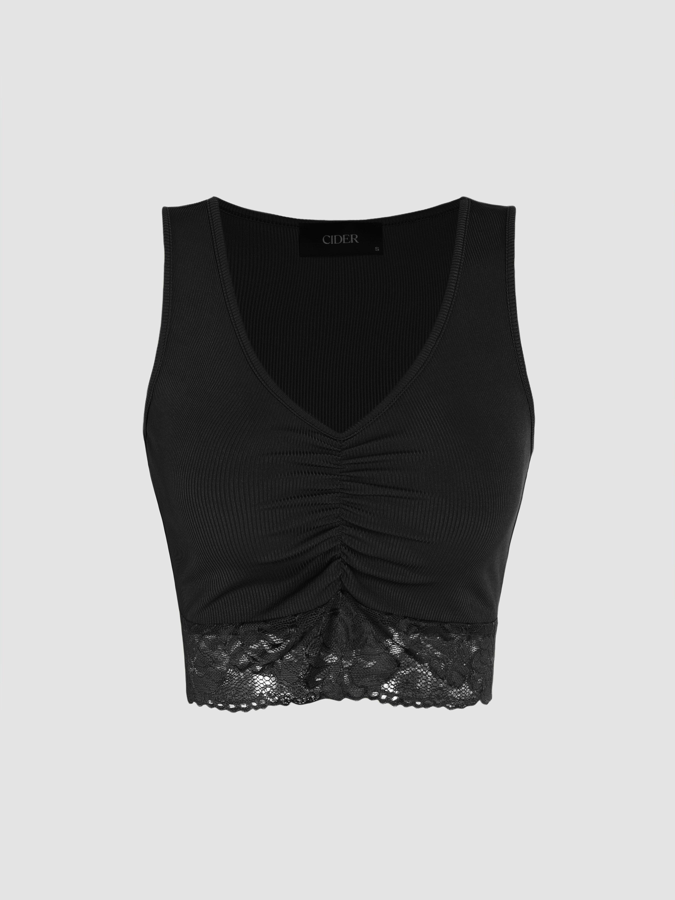 Solid V-neck Lace Hem Tank Top Product Image