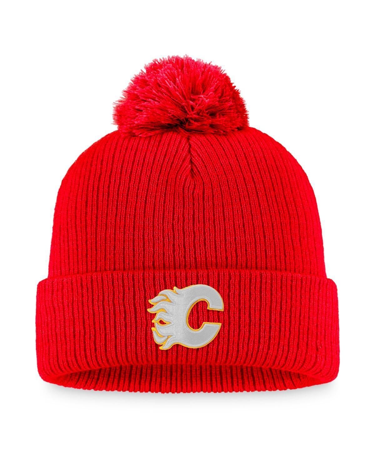 Mens Fanatics Red Calgary Flames Core Primary Logo Cuffed Knit Hat with Pom Product Image