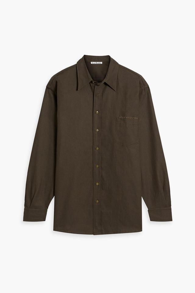 Embroidered Cotton And Linen-blend Twill Shirt In Army Green Product Image