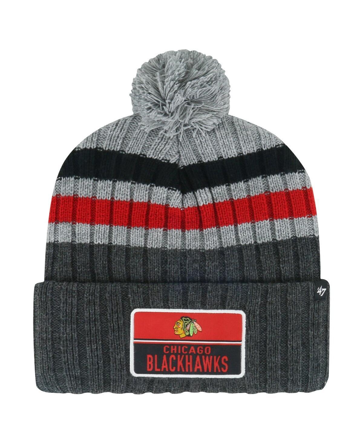 Mens 47 Gray Chicago Blackhawks Stack Patch Cuffed Knit Hat with Pom Product Image