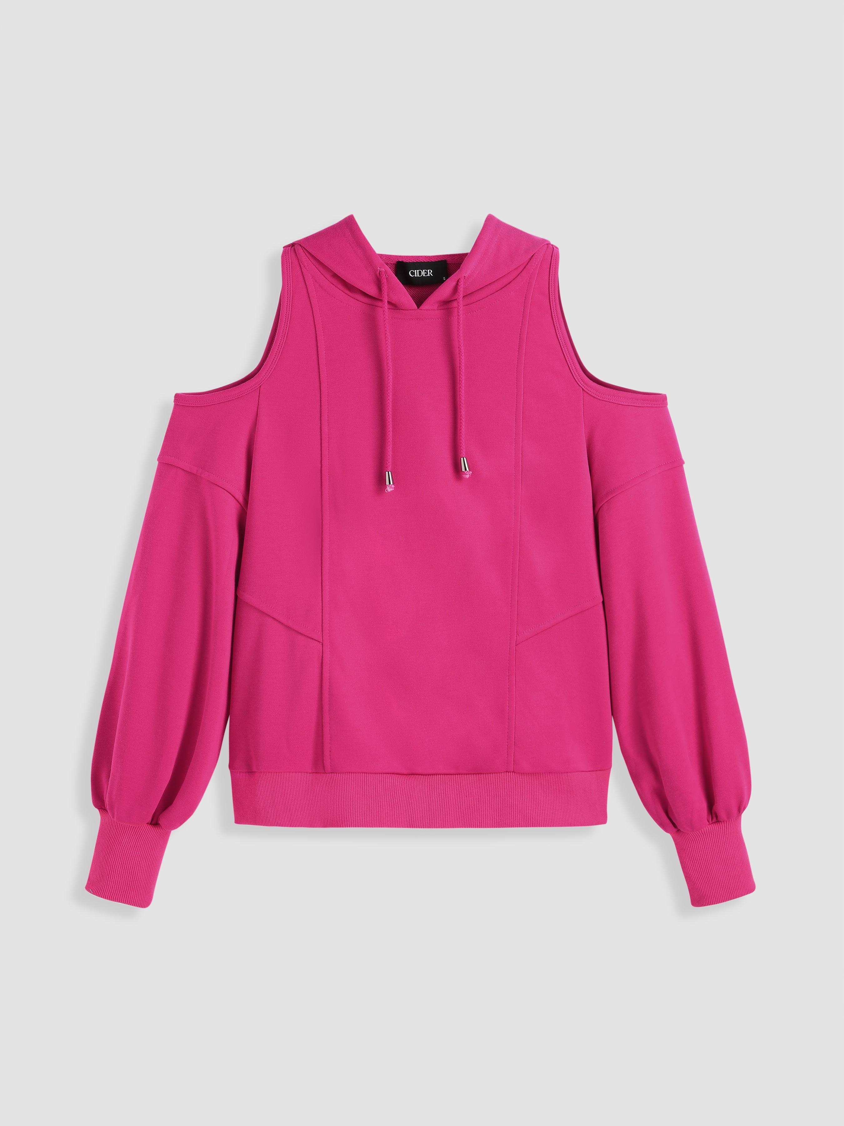 Long Sleeve Solid Drawstring Cold Shoulder Hoodie Product Image