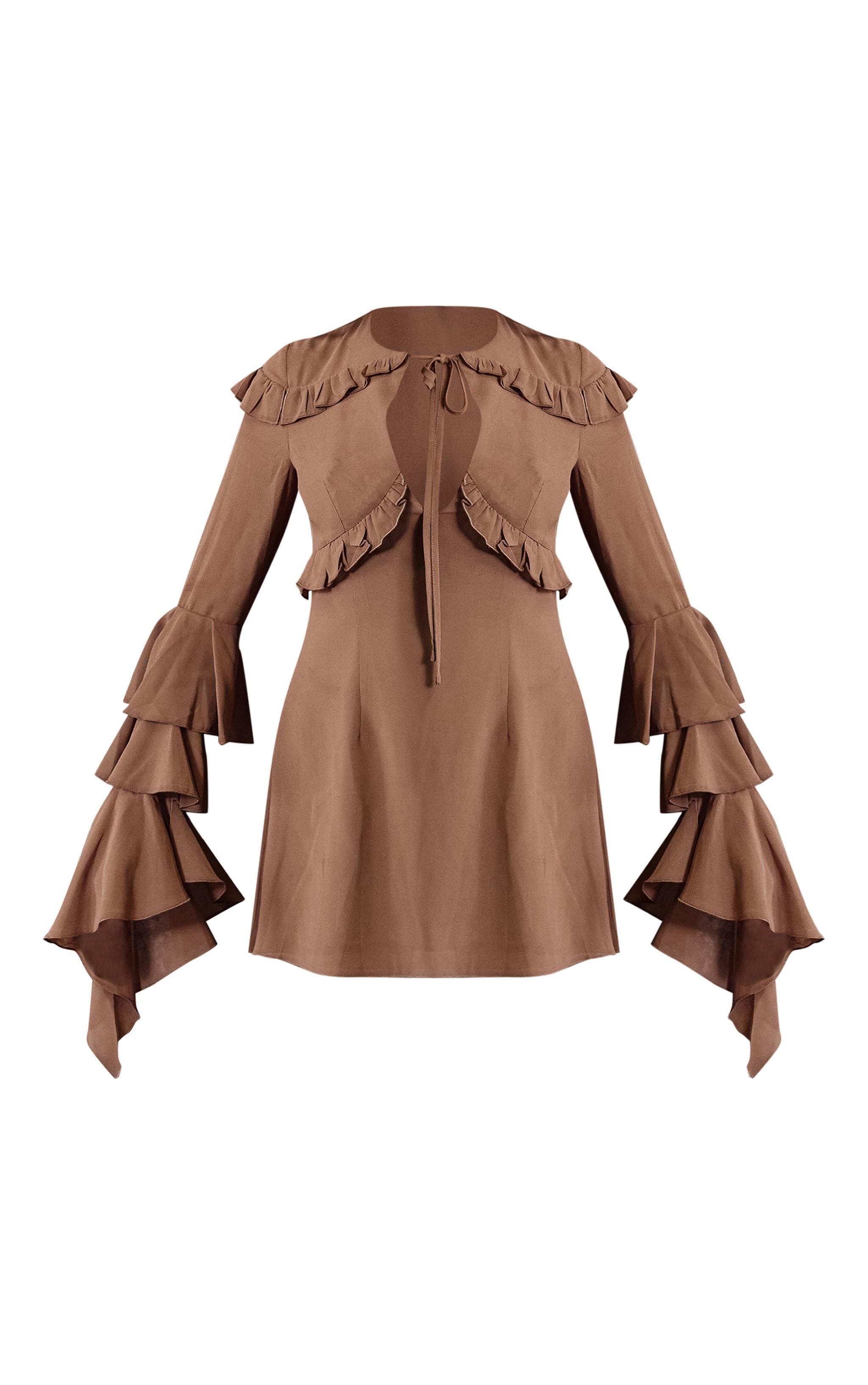 Dark Brown Chiffon Ruffle Detail Long Sleeve A-line Shift Dress Product Image