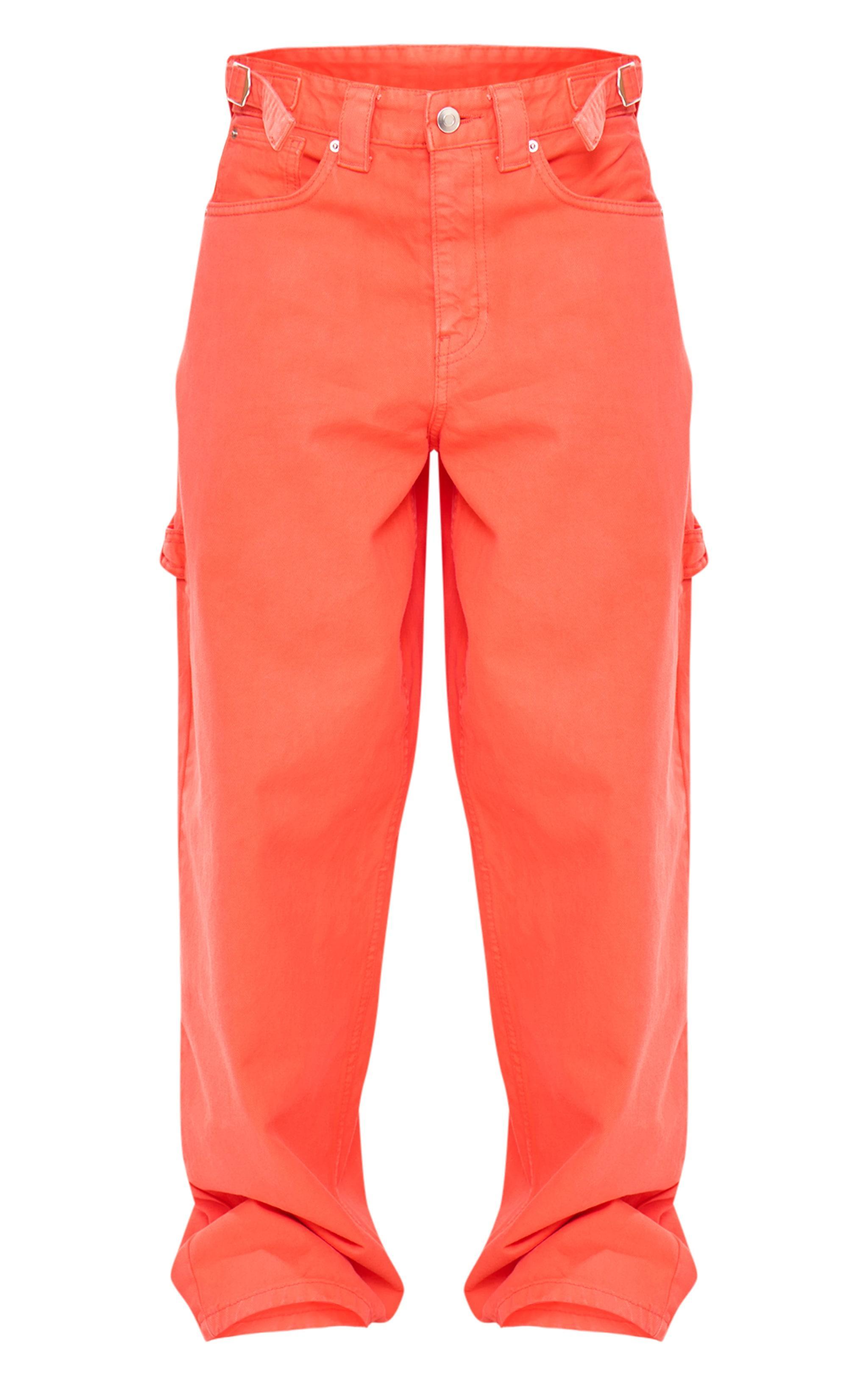 Bright Orange Adjustable Detail Wide Leg Denim Jeans Product Image