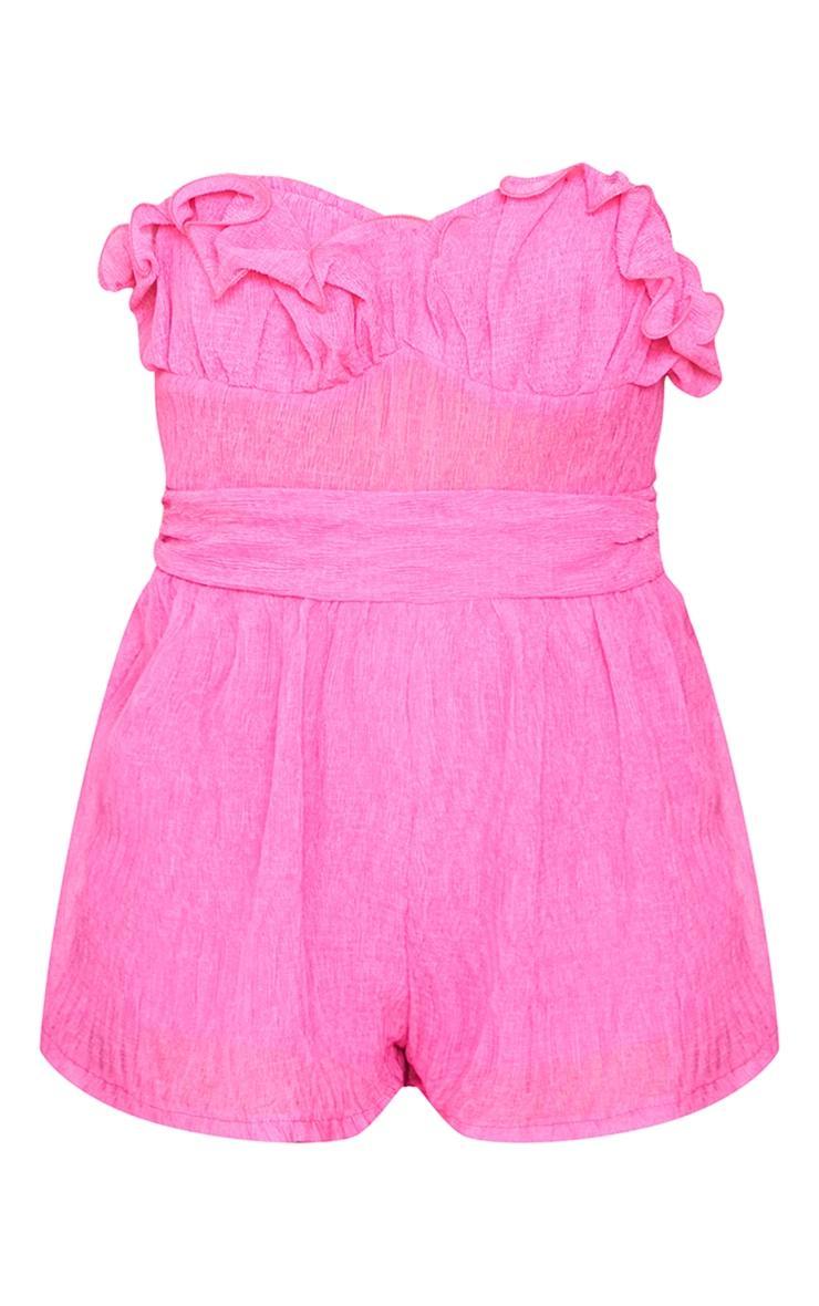 Hot Pink Crinkle Sheer Frill Detail Bandeau Romper Product Image