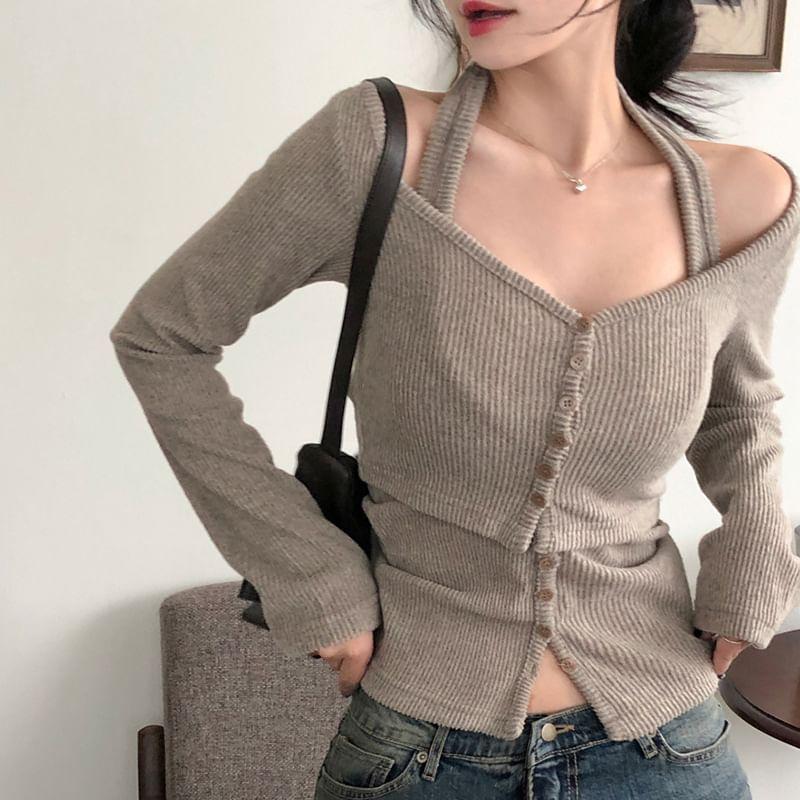 Long-Sleeve Halter Neck Plain Knit Top Product Image