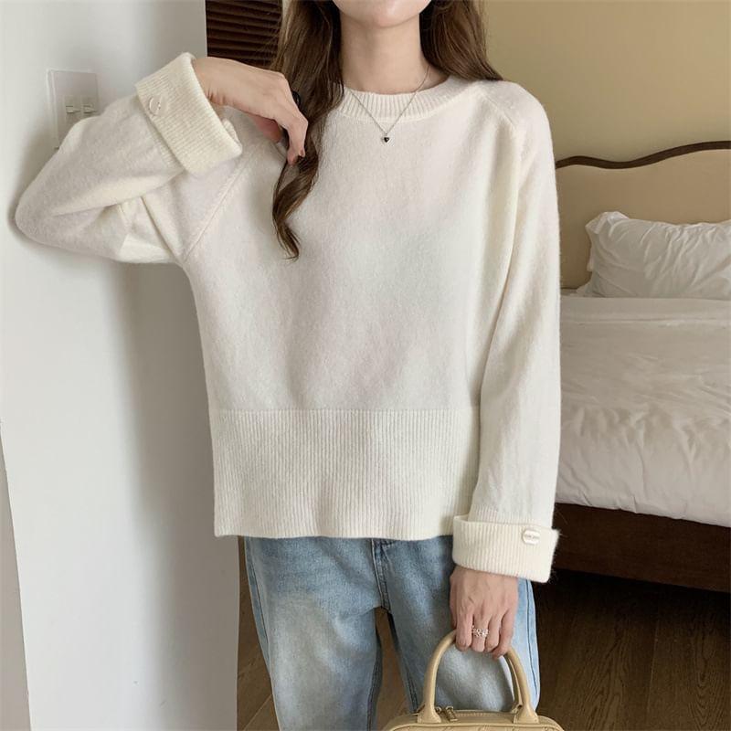 Long-Sleeve Crewneck Plain Knit Top Product Image