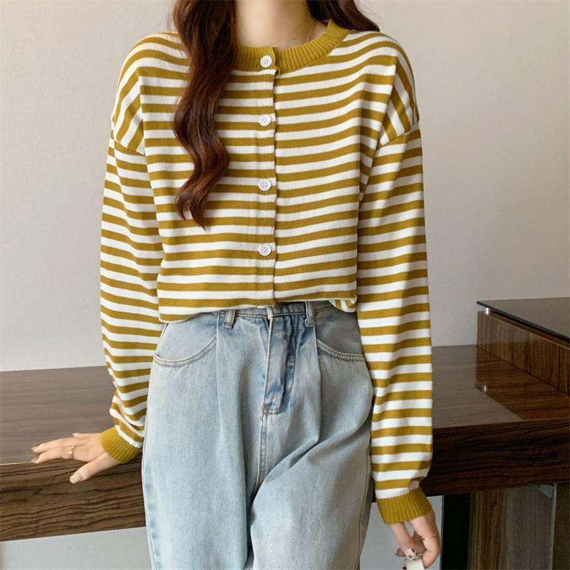 Crew Neck Striped Button Up Cardigan Product Image