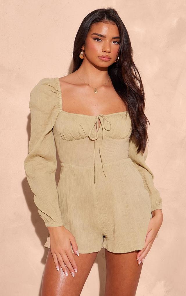 Khaki Tie Front Textured Romper Product Image