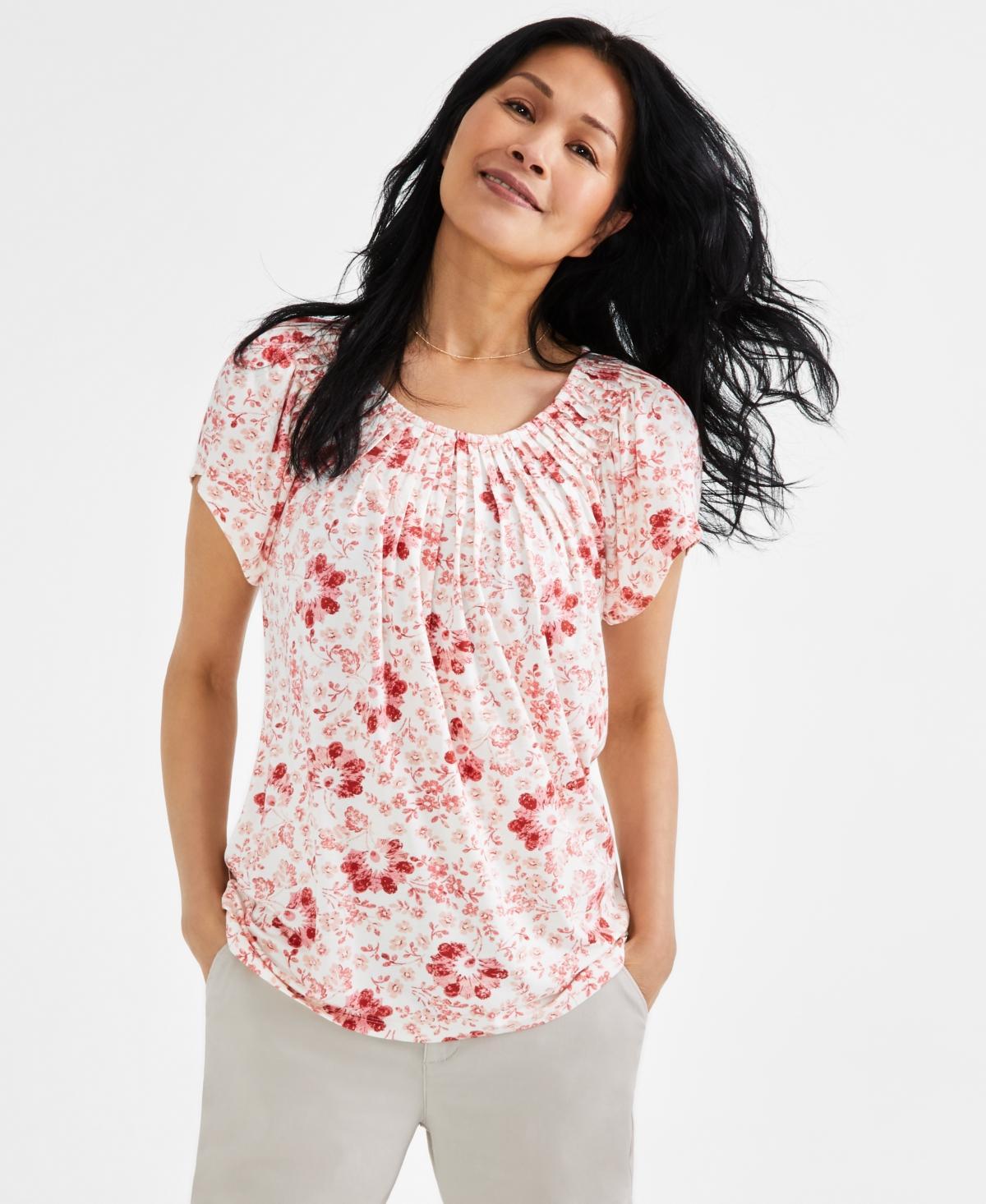 Style & Co Womens Printed Pleated Scoop-Neck Top, Created for Macys Product Image