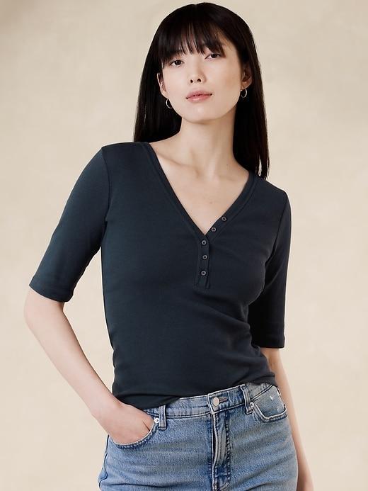 Ribbed Elbow-Sleeve Shirt Product Image