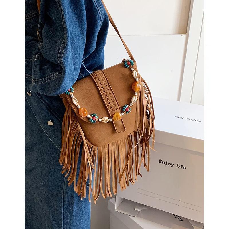 Beaded Fringe Flap Faux Suede Crossbody Bag product image