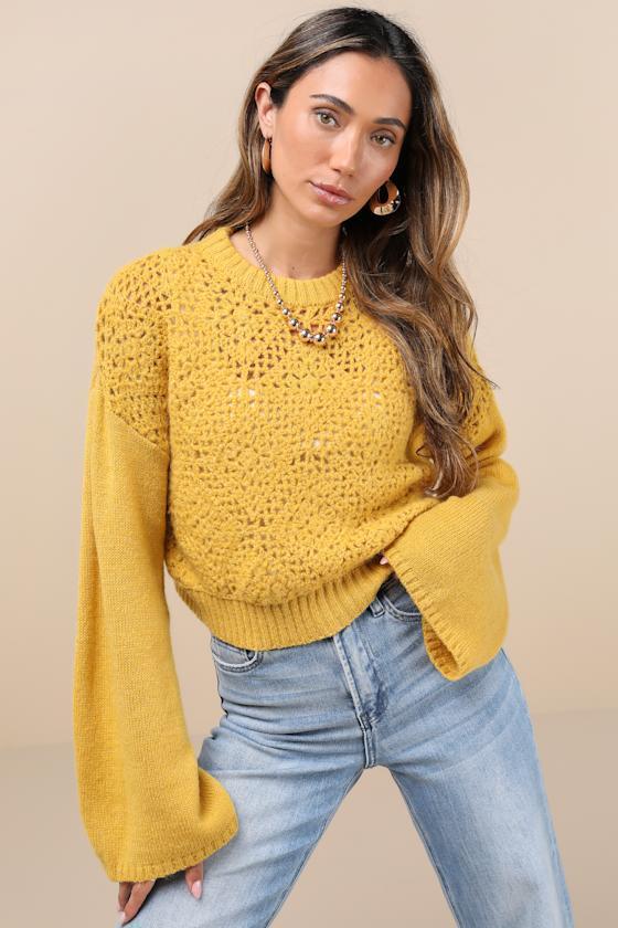 Toasty Cuteness Mustard Yellow Cropped Crochet Sweater Product Image