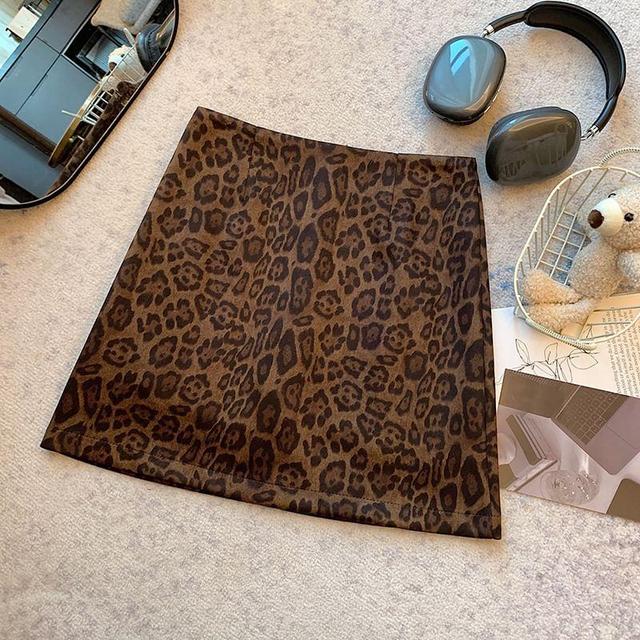 High Waist Leopard Print Mini A-Line Skirt Product Image