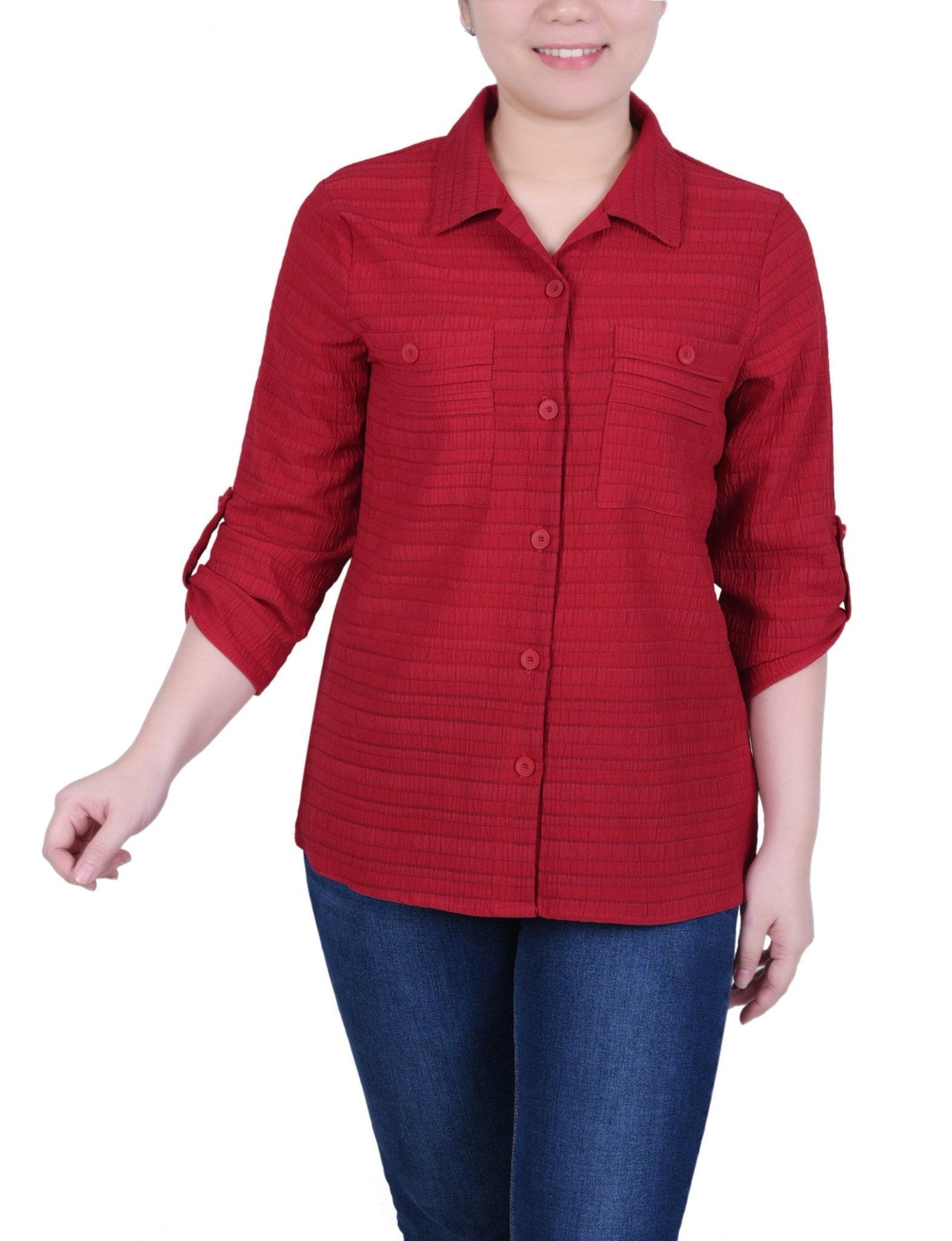 3/4 Sleeve Woven Jacquard Blouse - Petite Product Image