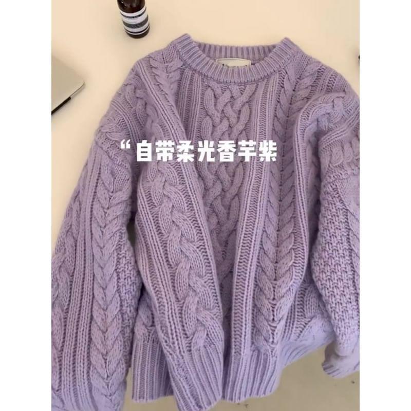 Round Neck Plain Cable Knit Sweater Product Image