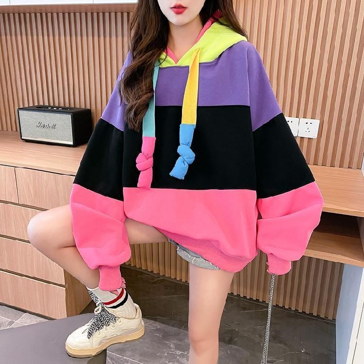 Color Block Drawstring Oversized Hoodie Product Image