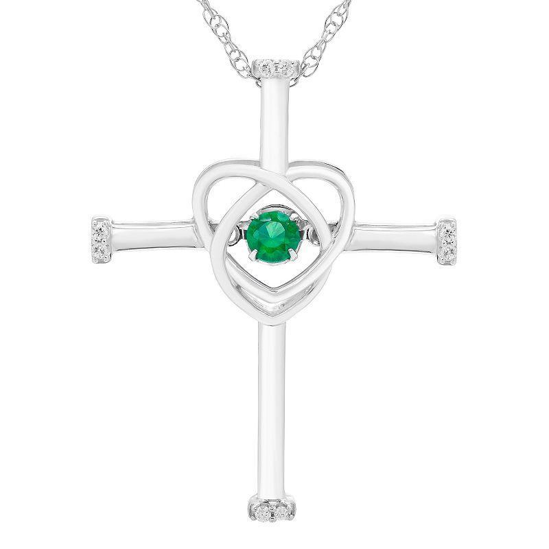 Boston Bay Diamonds Sterling Silver Diamond Accent & Lab-Grown Emerald Cross Pendant Necklace, Womens Product Image