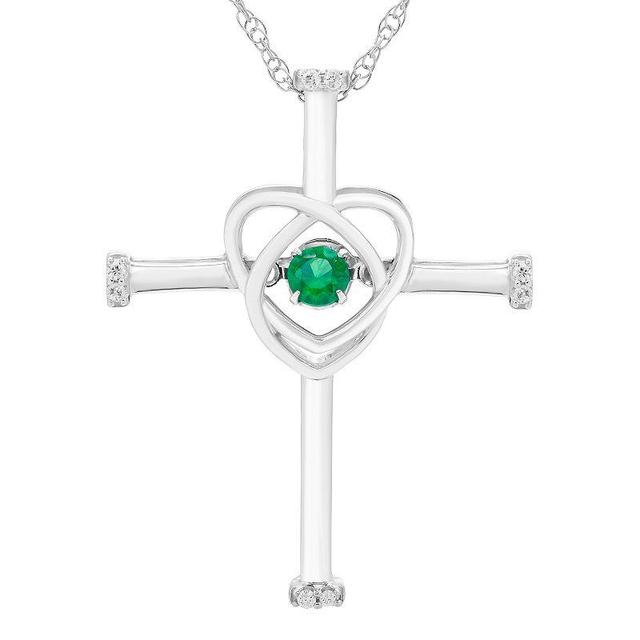 Boston Bay Diamonds Sterling Silver Diamond Accent & Lab-Grown Emerald Cross Pendant Necklace, Womens Green Product Image