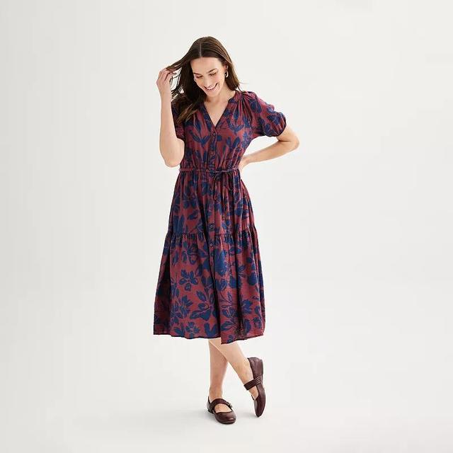 Petite Sonoma Goods For Life Elastic Sleeve Midi Dress, Womens Wine Blue Floral Product Image