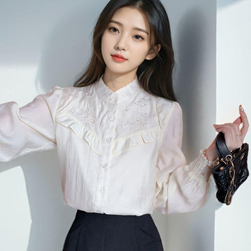 Long-Sleeve Stand Collar Floral Embroidered Frill Trim Button-Up Blouse Product Image