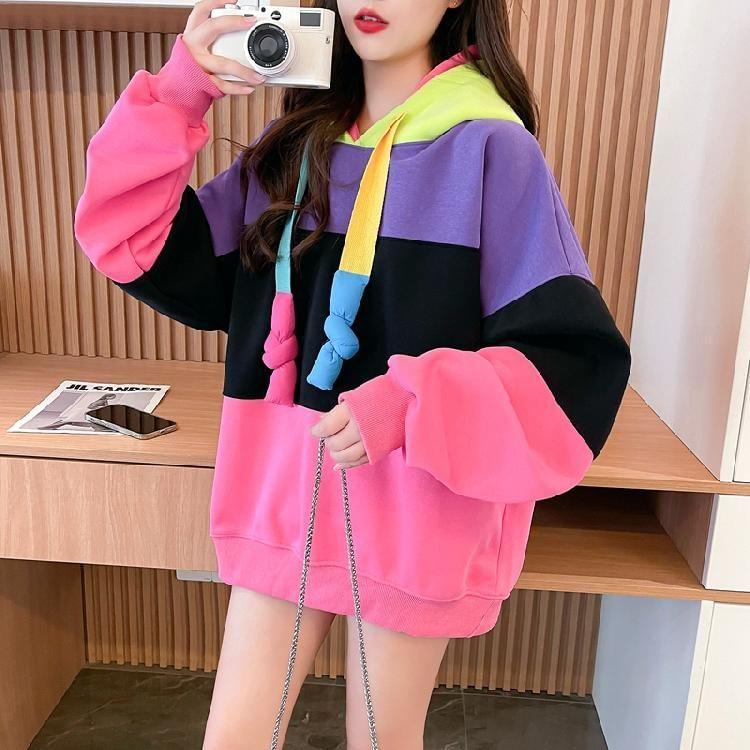 Color Block Drawstring Oversized Hoodie Product Image