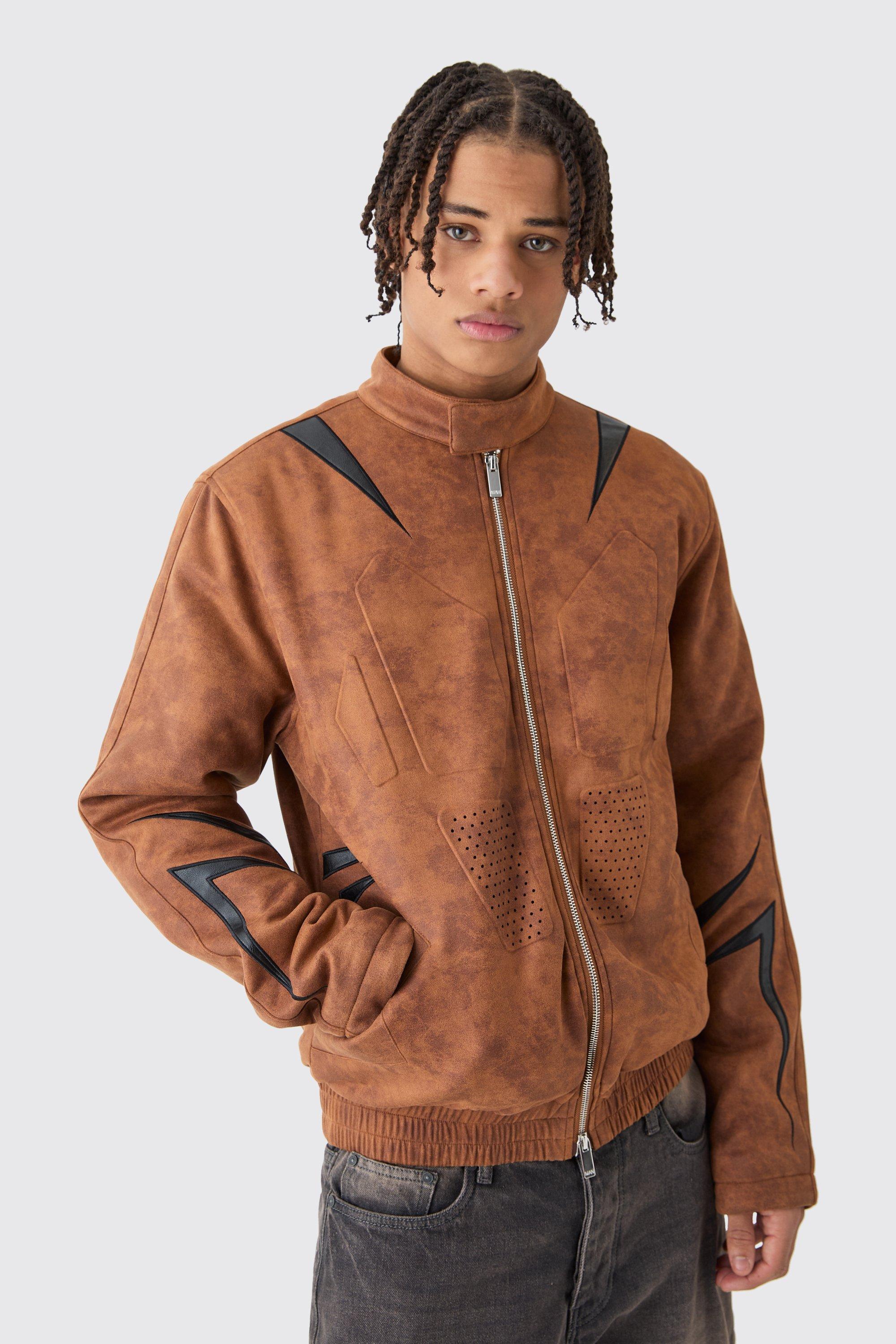 Regular Fit Washed Faux Suede Moto Jacket | boohooMAN USA Product Image