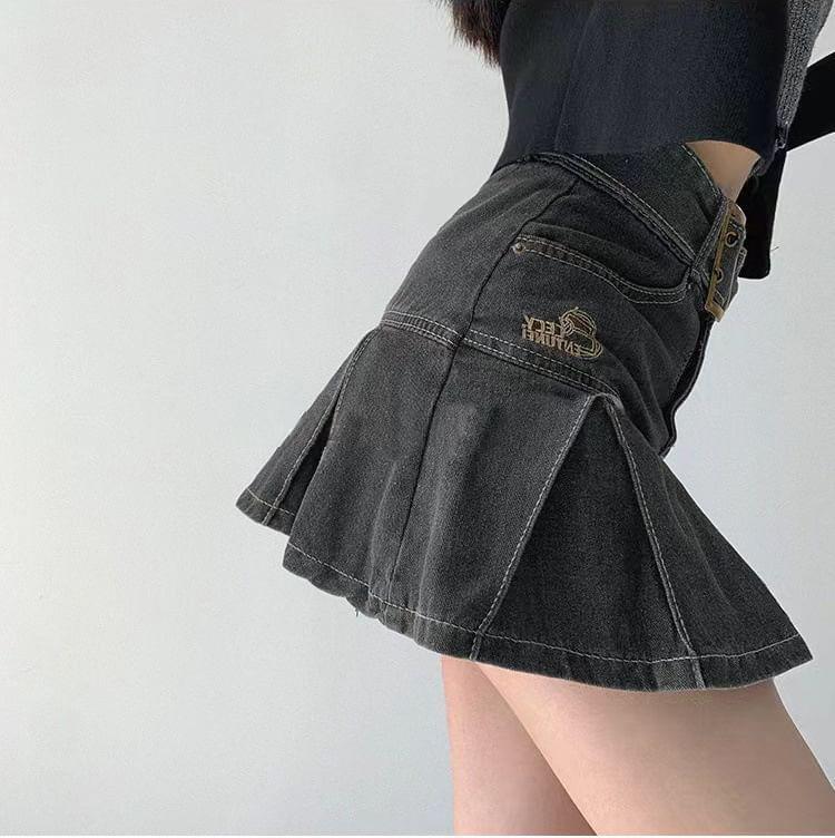 High Rise Belted Denim Mini A-Line  Skirt Product Image