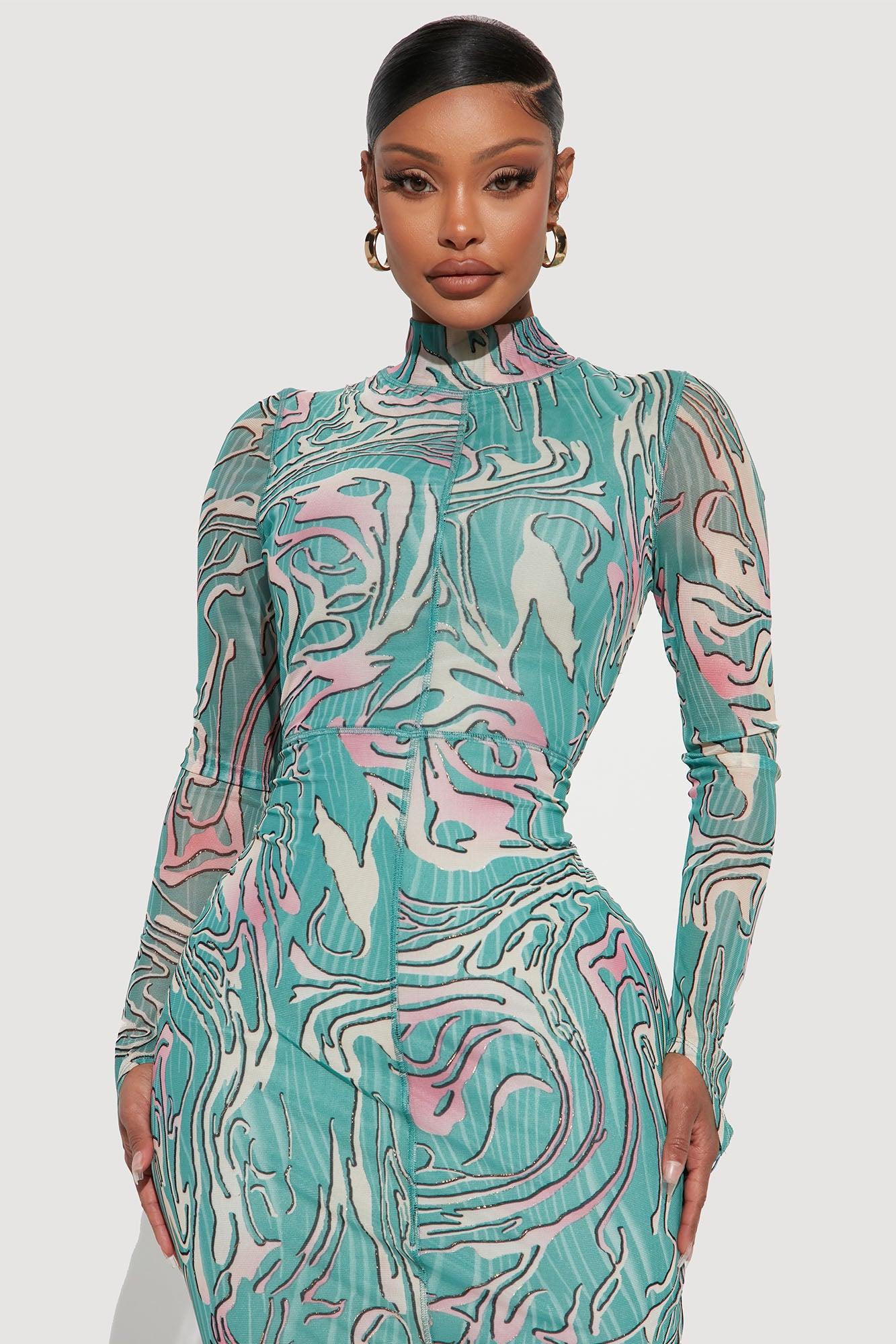 Meet Me Mesh Midi Dress - Aqua/Combo Product Image