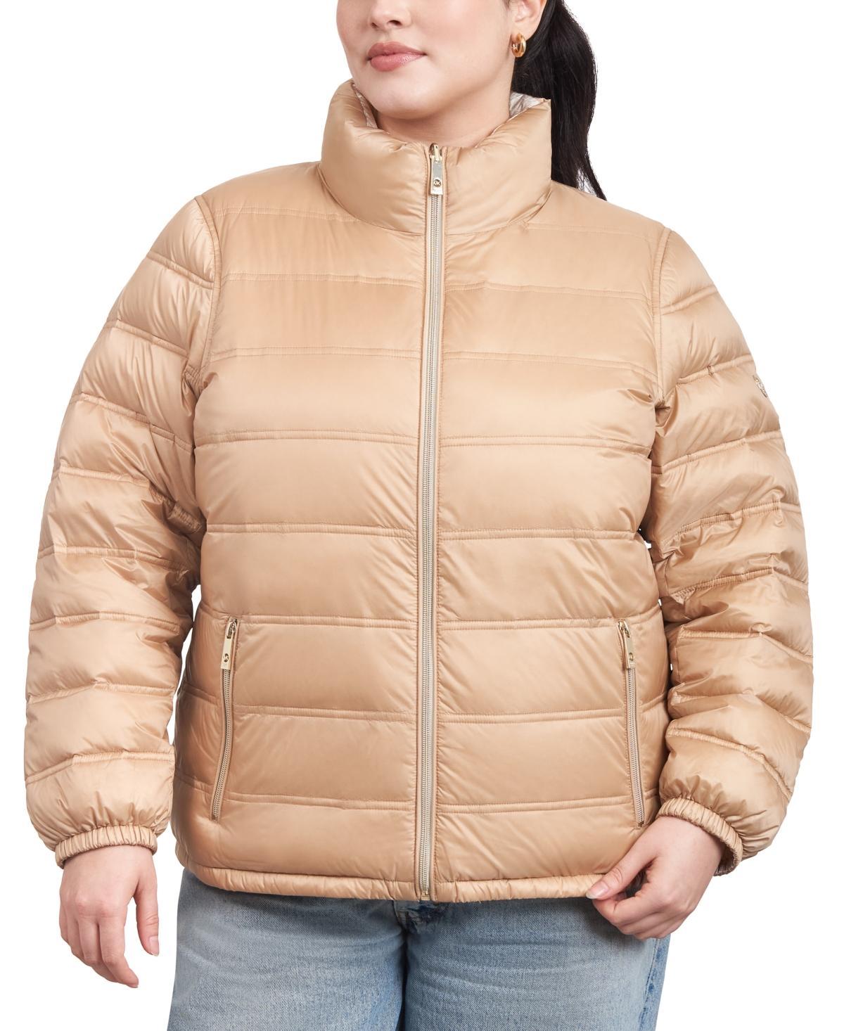 Michael Michael Kors Womens Plus Size Reversible Shine Down Puffer Coat, Created for Macys - Buff Product Image