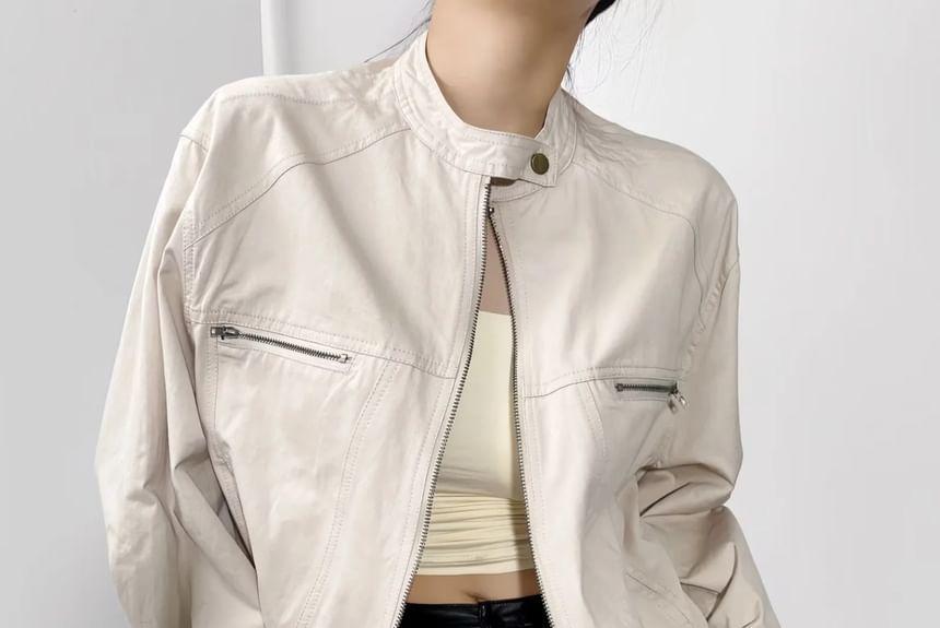 Band Collar Plain Panel Zip Jacket Product Image