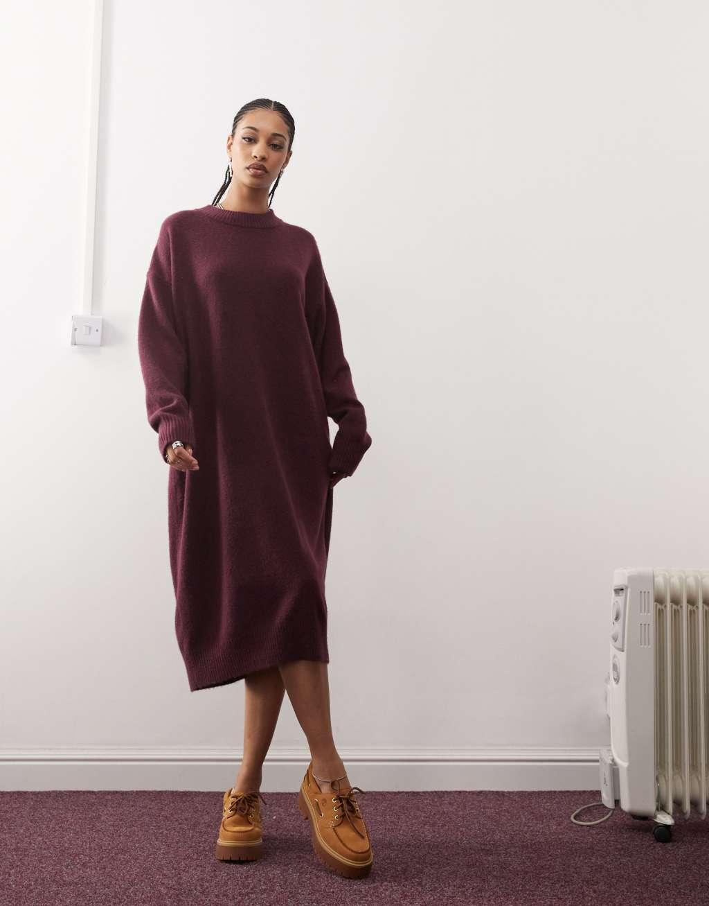 Monki long sleeve knit midi dress in burgundy Product Image