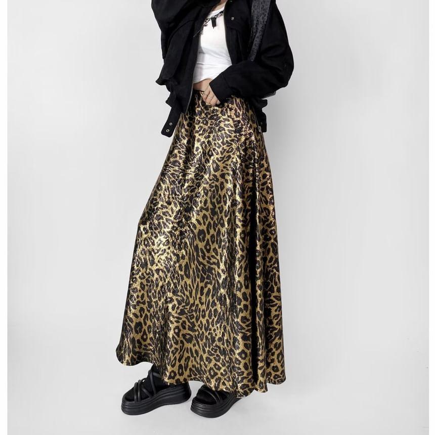 Low Waist Leopard Print Midi A-Line Skirt Product Image