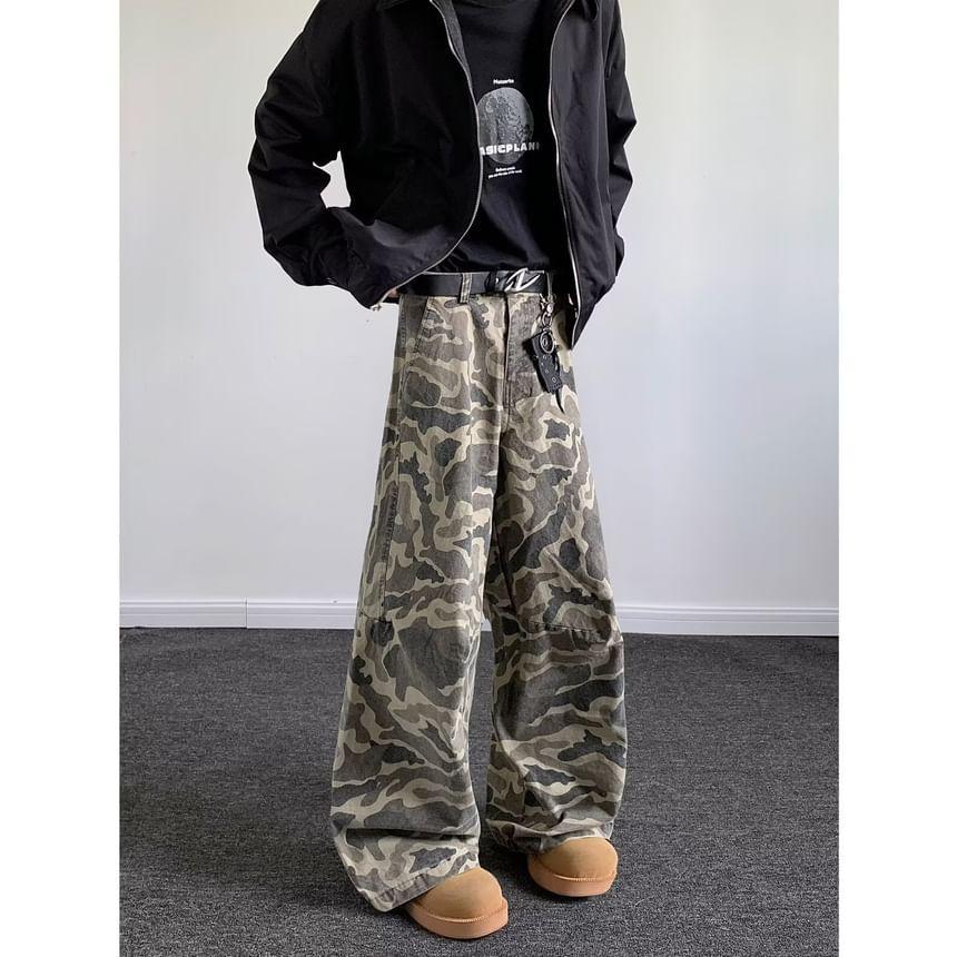 High Waist Camoflague Print Wide Leg Jeans Product Image