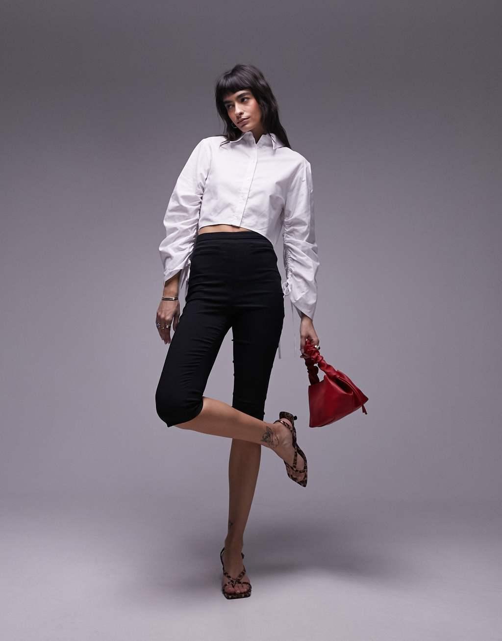 Topshop ruched sleeve poplin crop shirt in white Product Image