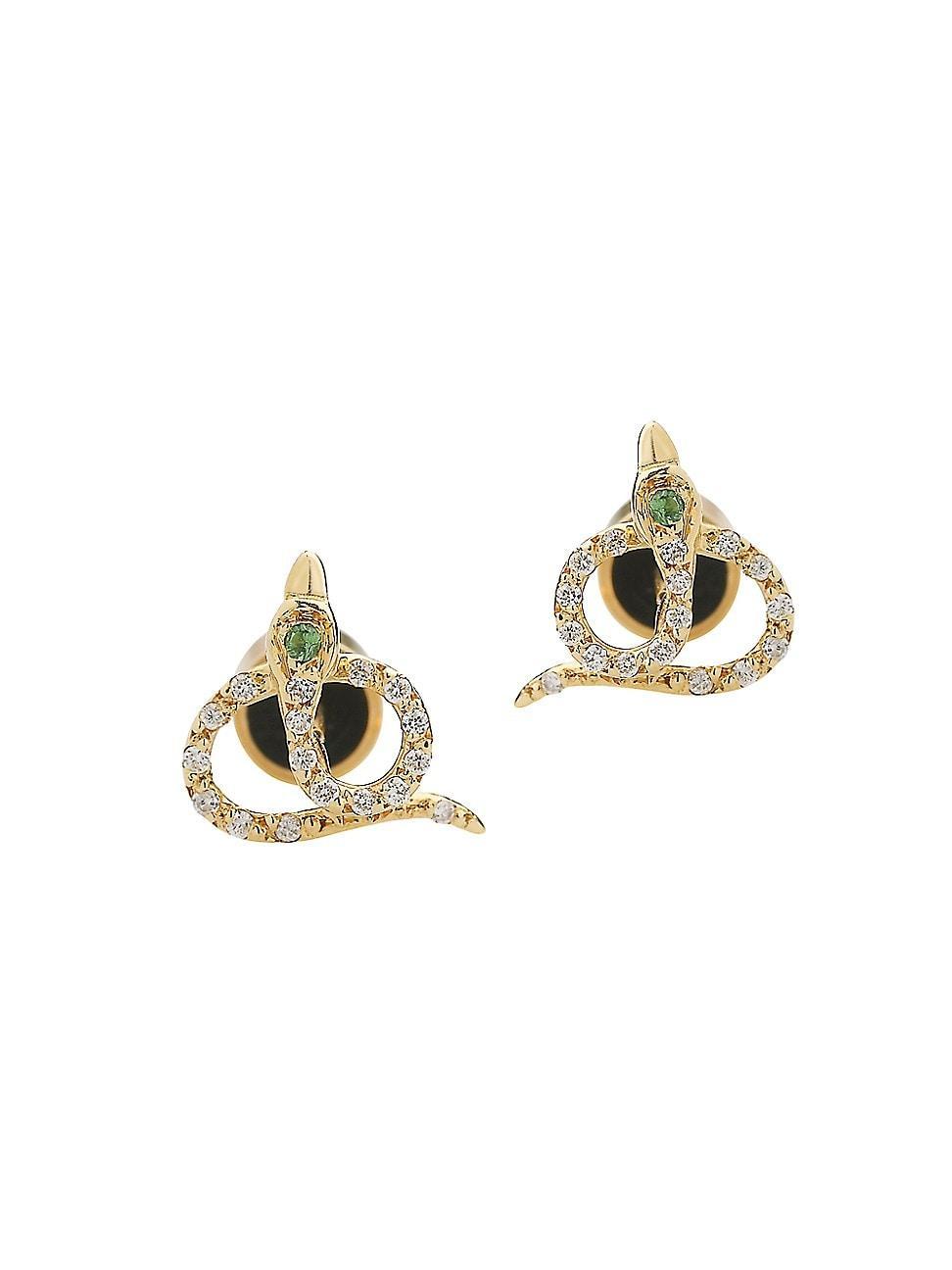 Womens Snake 18K Yellow Gold, White Diamond & Tsavorite Stud Earrings Product Image