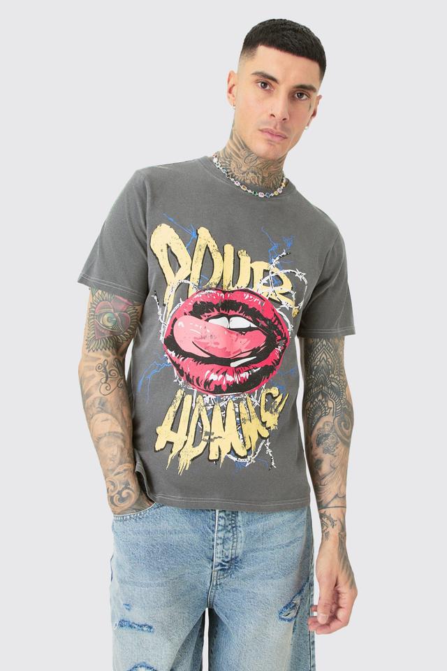 Tall Pour Homme Lips T-shirt In Acid Wash | boohooMAN USA Product Image