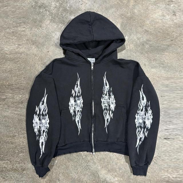 Flame Graphic Loose Velvet Pocket Zip Hoodie Product Image