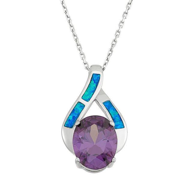 Cubic Zirconia & Lab-Created Blue Opal Sterling Silver Teardrop Pendant Necklace, Womens Multicolor Product Image