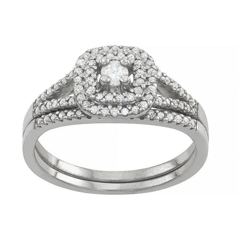 Tiara Sterling Silver 1/2 Carat T.W. Diamond Halo Engagement Ring Set, Womens White Product Image