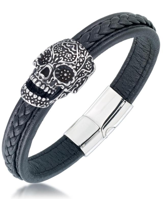 Andrew Charles by Andy Hilfiger Mens Ornamental Skull Leather Bracelet in Stainless Steel Product Image