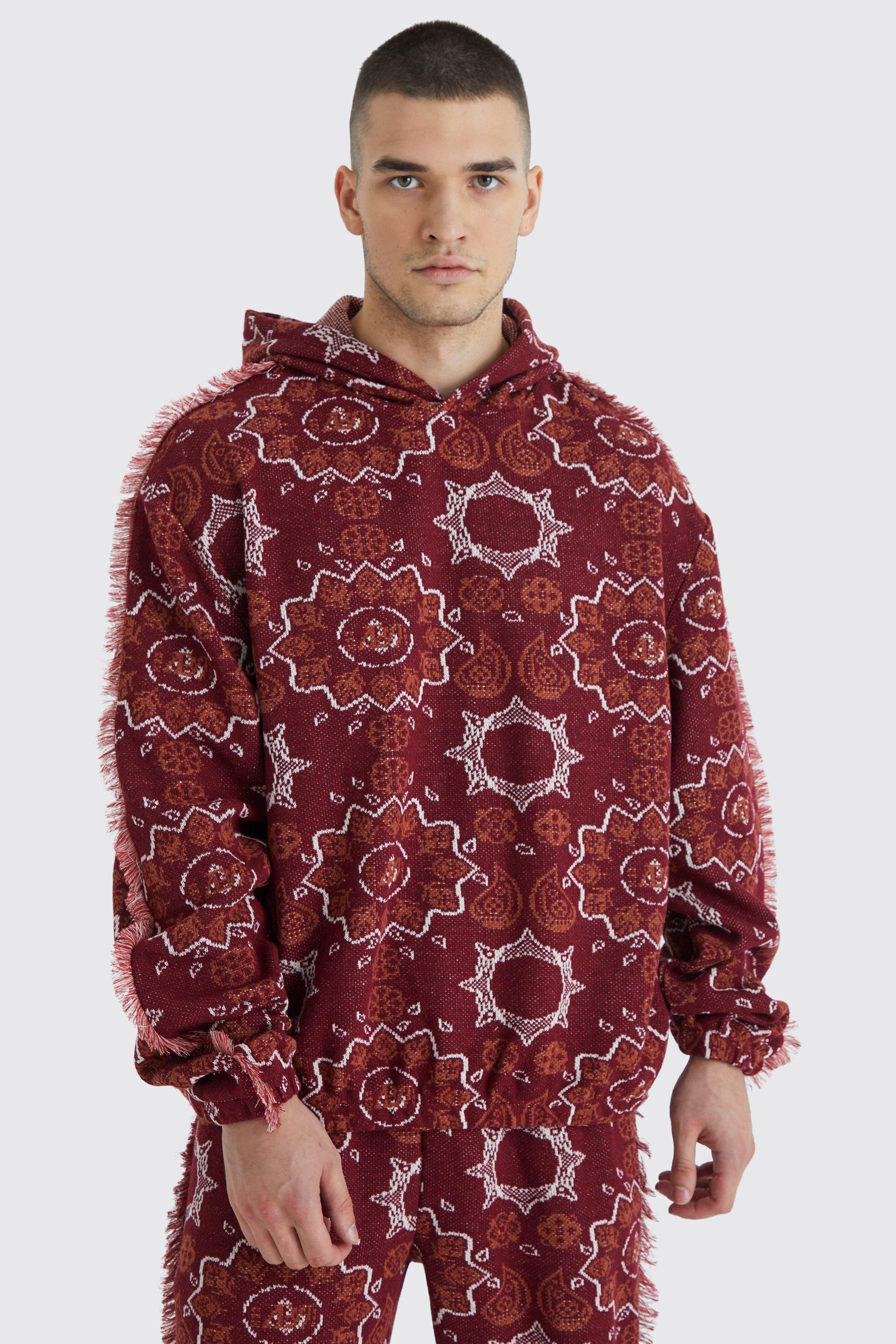 Tall Oversized Fringed Heavyweight Jacquard Tapestry Hoodie | boohooMAN USA Product Image