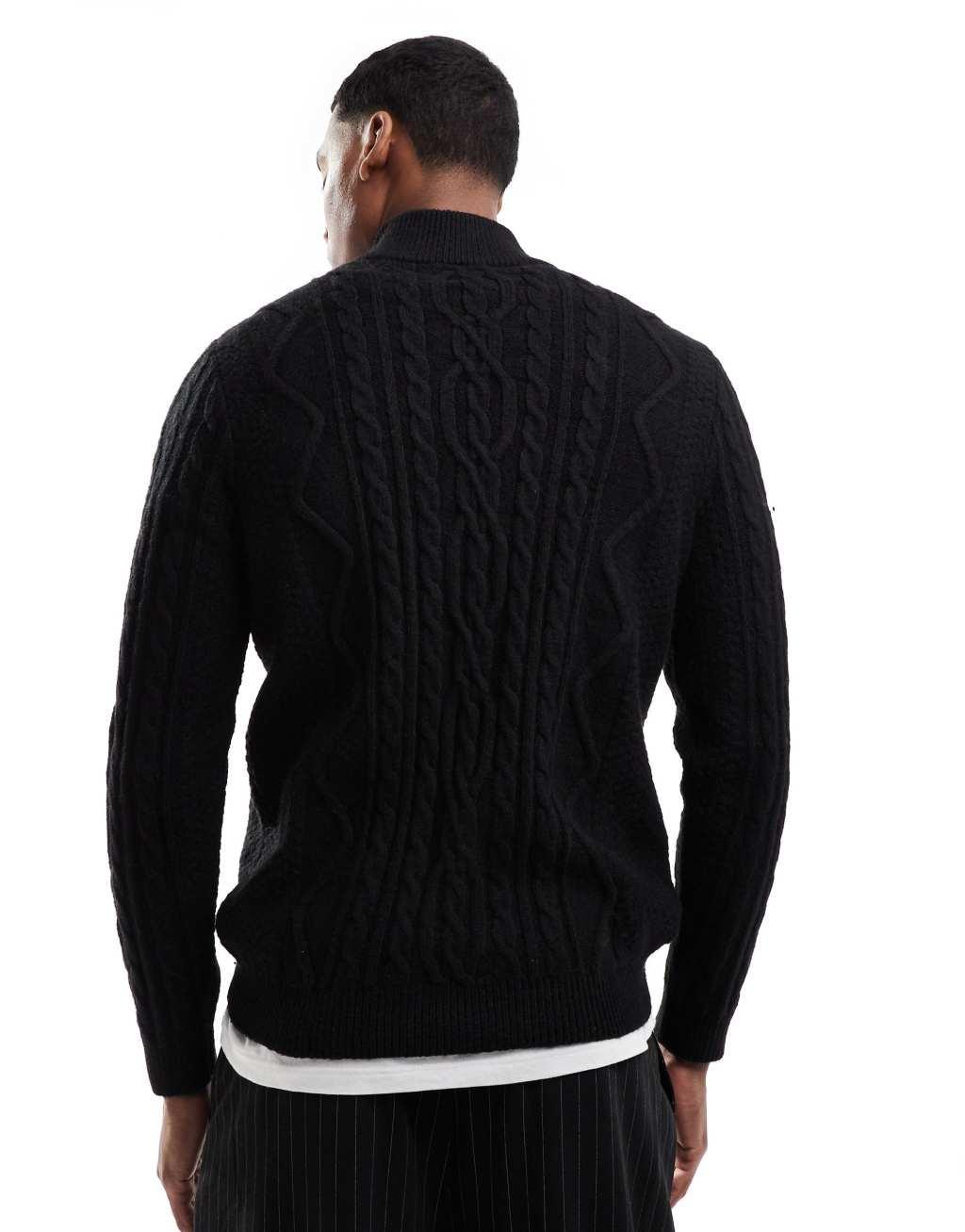 ASOS DESIGN heavyweight cable knit quarter zip sweater in black Product Image