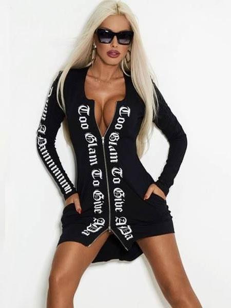 Letter Print Zipper Long Sleeves Mini Dress Product Image