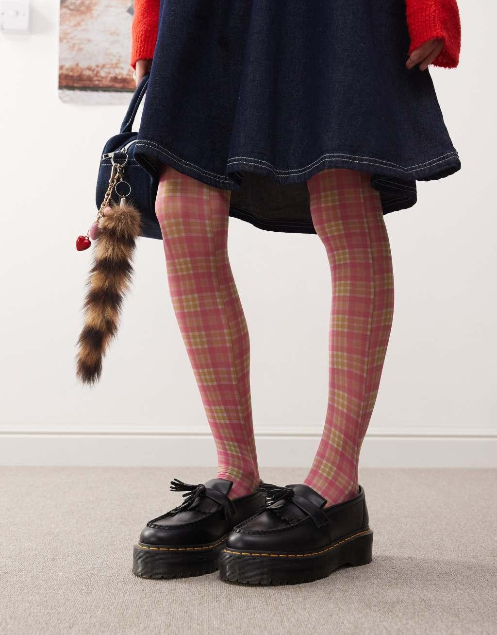 Reclaimed Vintage tights in pink plaid print Product Image