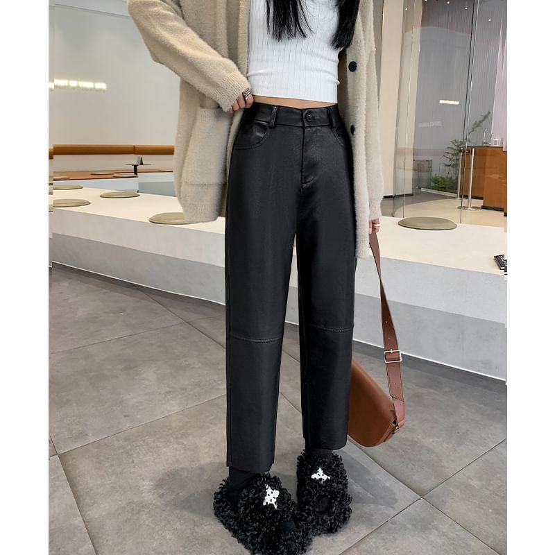 High Waist Plain Faux Leather Cropped Tapered Pants Product Image