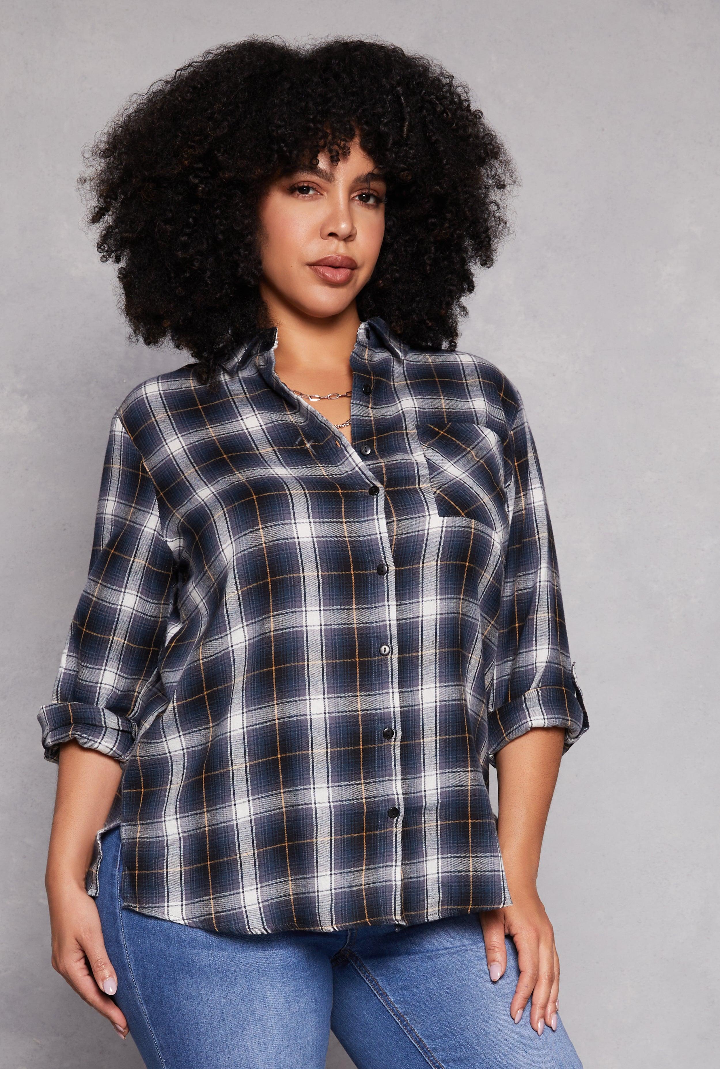 Womens Plus Size Lurex Plaid Tabbed Sleeve Shirt Product Image