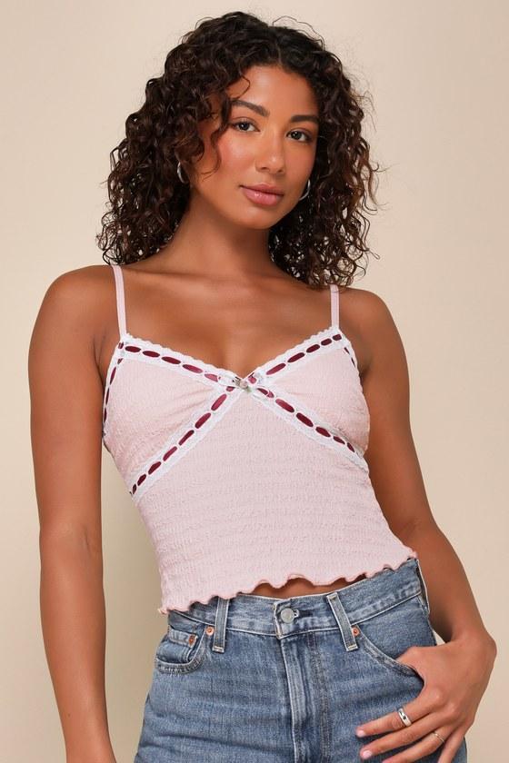 Irresistible Flirt Pink Ribbon Lace Cropped Cami Top Product Image