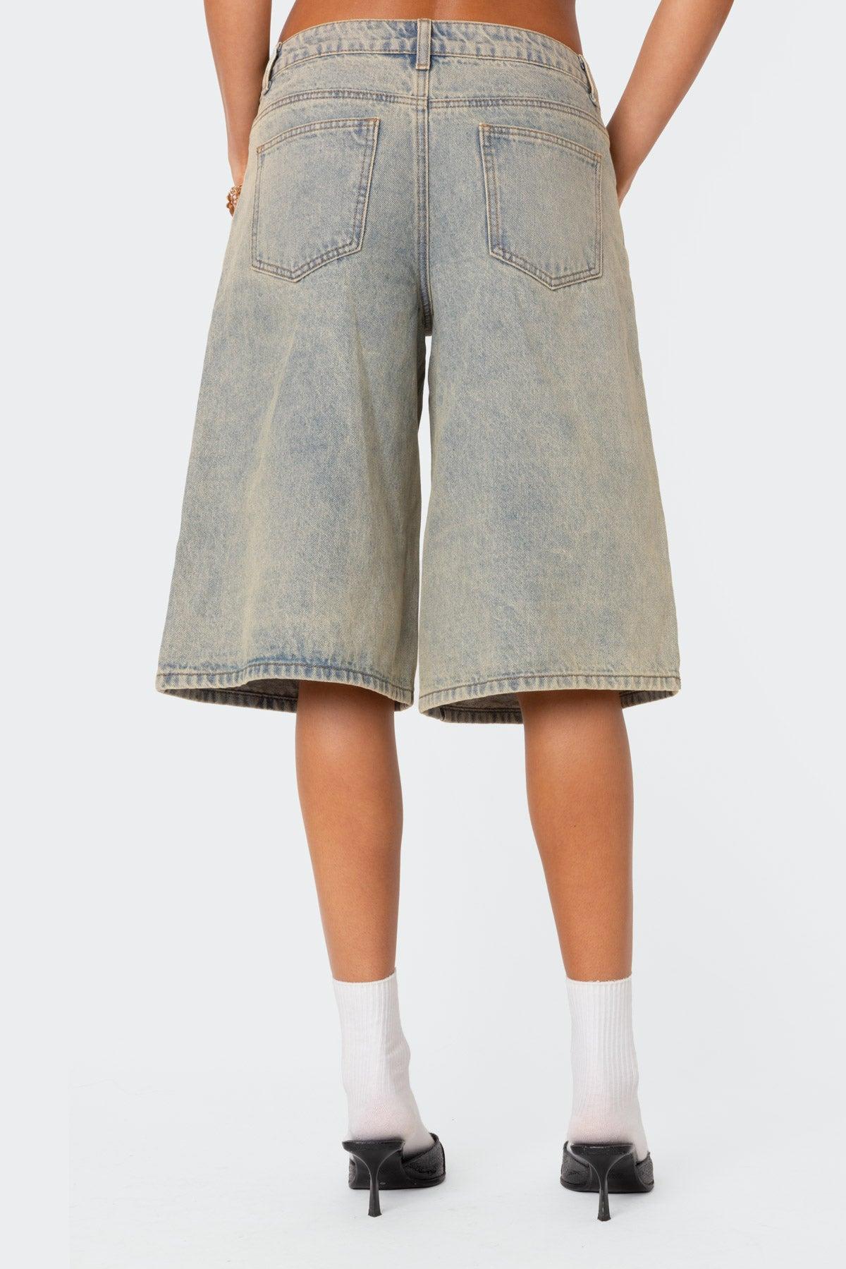 Xtra Long Acid Wash Denim Bermuda Shorts Product Image